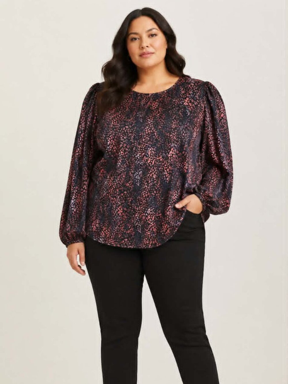 Torrid Women’s Plus Size X3 Black Pink Animal Print Casual Balloon Sleeve Blouse